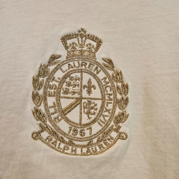 Lauren Active Ralph Lauren Long Sleeve Top Size LP Logo Gold Embroidered Ivory - Picture 4 of 9